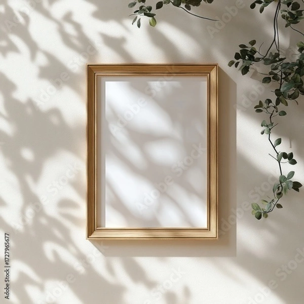Fototapeta Empty wooden picture frame hanging on a beige wall with soft leafy shadows and surrounding green foliage, evoking a serene and natural atmosphere