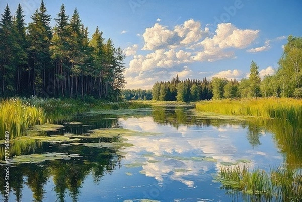 Fototapeta Calm river flowing through dense green forest under blue sky with fluffy white clouds reflected in clear water