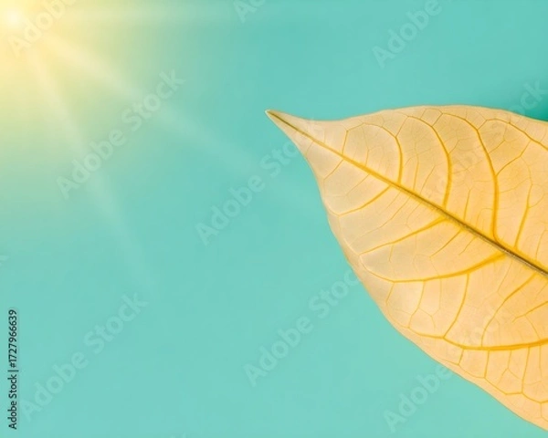 Obraz Bright Yellow Leaf Close-Up Against Turquoise Sky Background with Sunlight