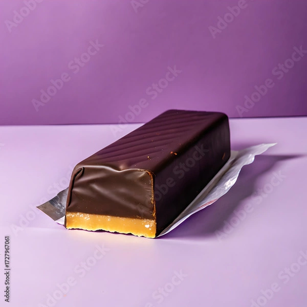 Obraz Rich Dark Chocolate Bar With Caramel Filling On Purple Studio Background