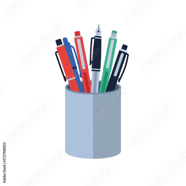 Fototapeta A light blue cylindrical holder filled with several colorful pens and a fountain pen.