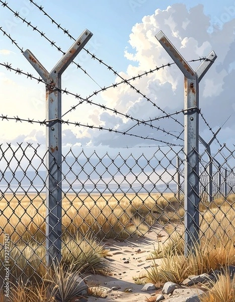 Obraz A path through a dusty barbed wire fence