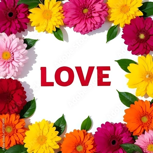 Fototapeta Creative layout with colorful flowers and leaves forming the word "LOVE", vibrant, cheerful, artistic, flat lay, floral typography, minimal, modern, decorative composition