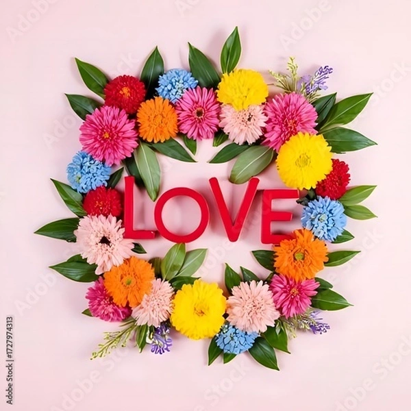 Fototapeta Creative layout with colorful flowers and leaves forming the word "LOVE", vibrant, cheerful, artistic, flat lay, floral typography, minimal, modern, decorative composition