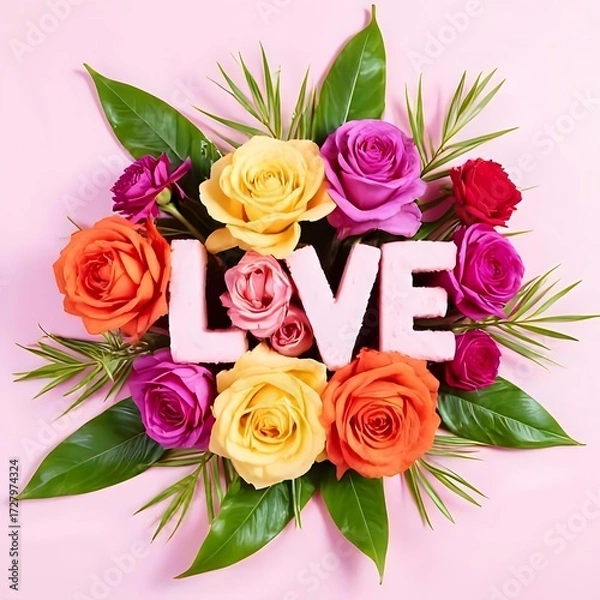 Fototapeta Creative layout with colorful flowers and leaves forming the word "LOVE", vibrant, cheerful, artistic, flat lay, floral typography, minimal, modern, decorative composition
