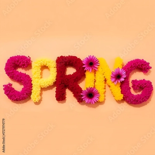 Fototapeta The word "SPRING" made of colorful flowers on a bright background, cheerful, vibrant, floral typography, minimal, modern, artistic composition, flat lay
