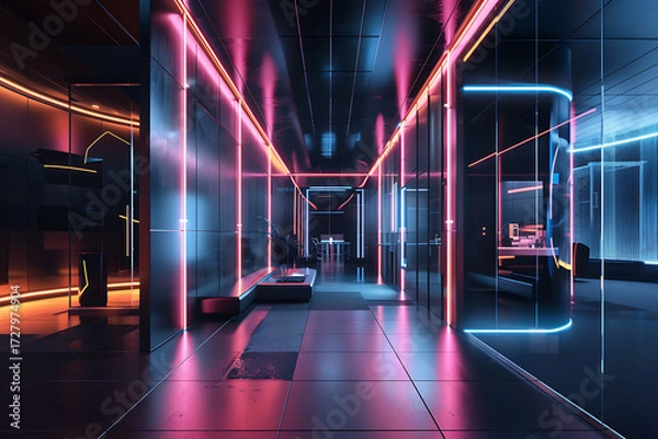 Fototapeta ネオンライトが映える近未来的なダークオフィス空間