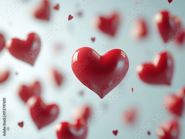 Obraz Floating red hearts, a symbol of love and passion, in a romantic background