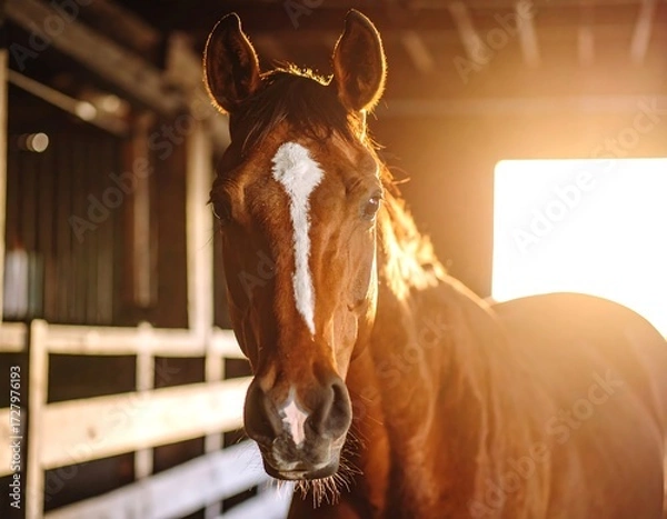 Obraz Horse in stable bathed in sunlight