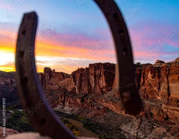 Obraz Horseshoe framing a vibrant sunset over rugged mountains