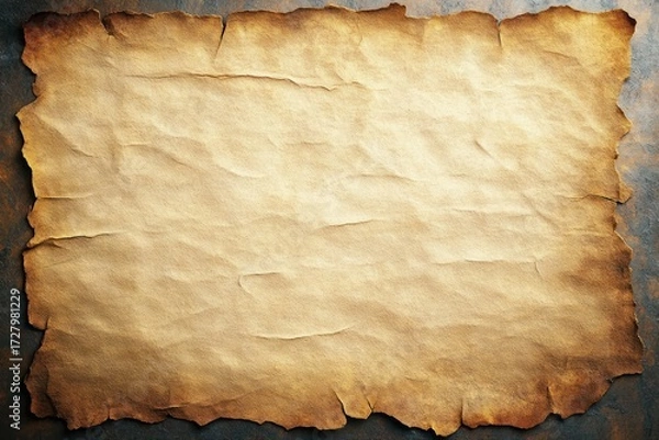 Obraz Old blank parchment paper with burnt edges lying flat on a textured surface, evoking a vintage and weathered feel