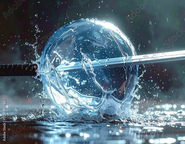 Obraz A sword pierces a crystalline sphere, creating water splashes