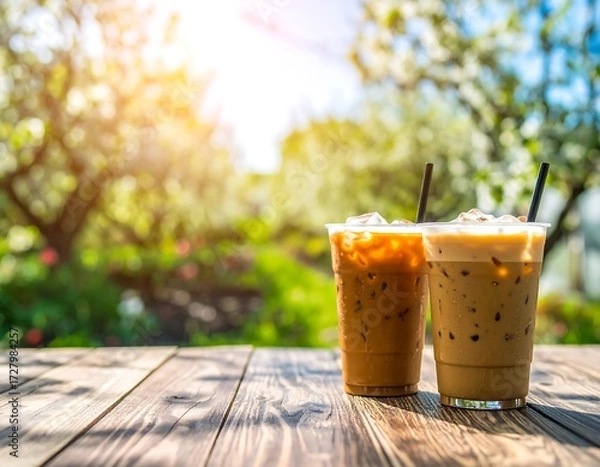 Obraz Iced coffee drinks on a wooden table in a garden setting