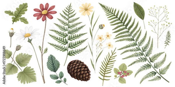 Obraz Summer Forest Elements PNG Set – Ferns, Flowers, Leaves, Pinecones – Individually Isolated and Separated on Transparent Background
