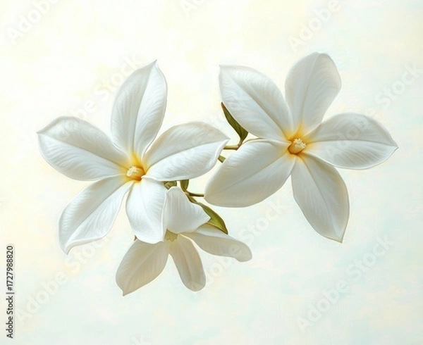 Fototapeta Close-up view of three white tropical flowers with soft petals and subtle yellow centers against a light background conveying purity and calmness