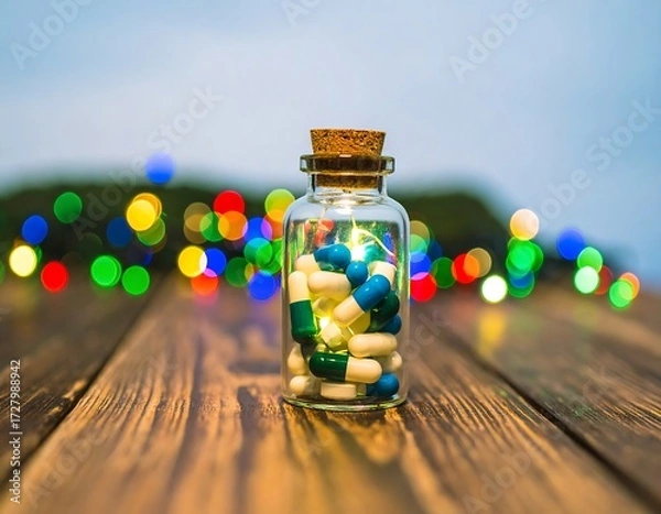 Obraz Illuminated pills in a glass bottle on a wooden surface