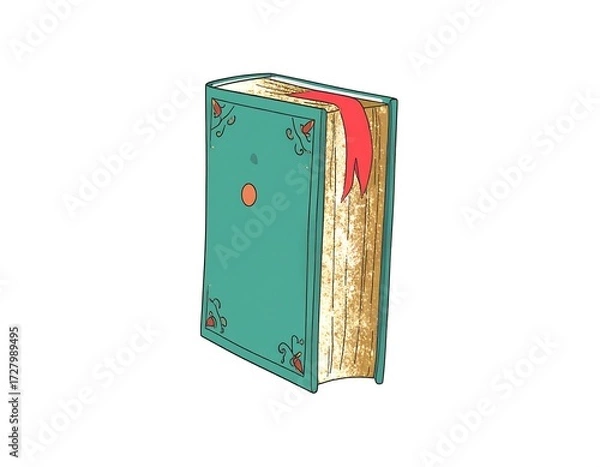 Obraz Illustration of a teal-colored book with decorative elements and a bookmark