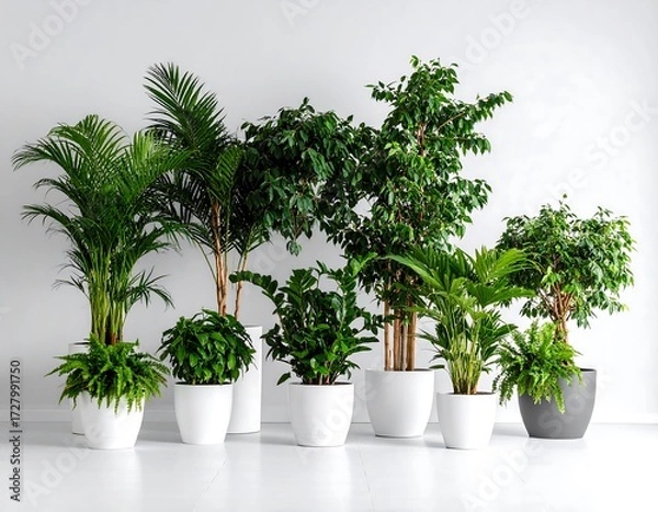 Obraz Indoor plants in white pots against a white wall