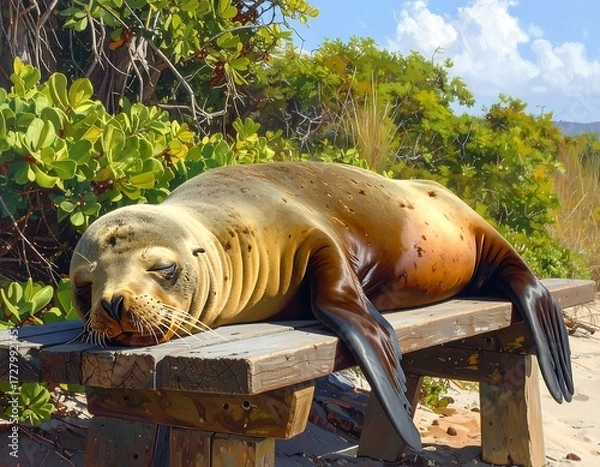 Fototapeta Lazy sea lion resting on a wooden bench amidst lush foliage