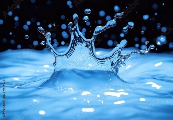 Fototapeta Close-up of a blue water splash with droplets suspended in mid-air against a dark background, capturing the motion and fluidity of the liquid