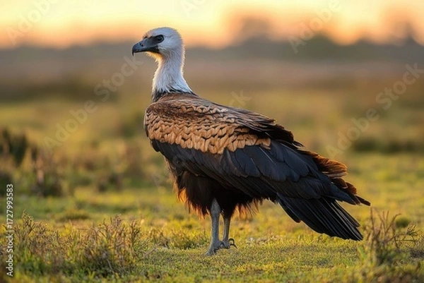Fototapeta Majestic large bird with white head and brown and black plumage standing on grassy field at golden hour