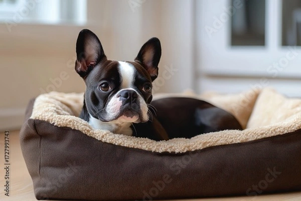 Fototapeta black and white small dog lying comfortably in a soft plush pet bed indoors looking alert and curious