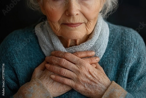Fototapeta Close-up of elderly woman with hands crossed on chest showing wrinkles, conveying warmth and contemplation
