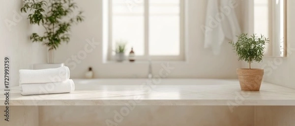 Fototapeta Bright minimalistic bathroom countertop with neatly folded white towels, potted plants, and soft natural light from a large window creating a calm ambiance