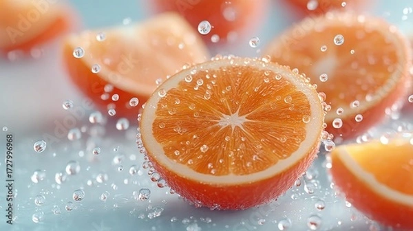 Fototapeta Macro Shot of Fresh Orange Slices with Water Droplets on Light Blue Surface in Cinematic HDR Food Photography