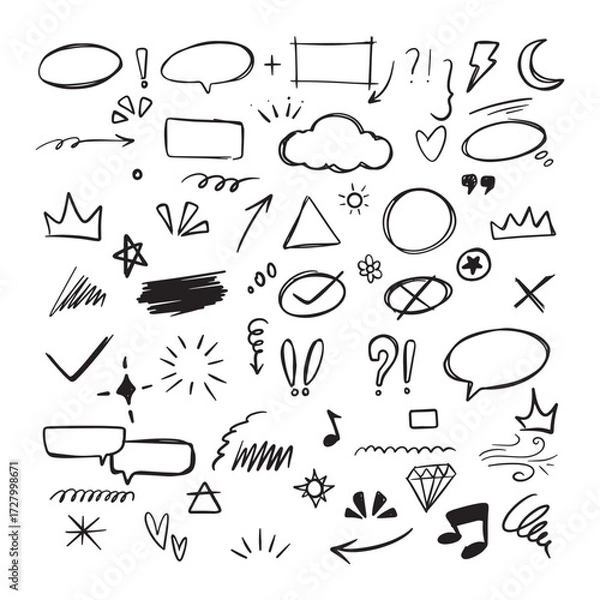Fototapeta A diverse set of hand-drawn doodle elements including arrows, speech bubbles, stars, and abstract shapes on a white background.