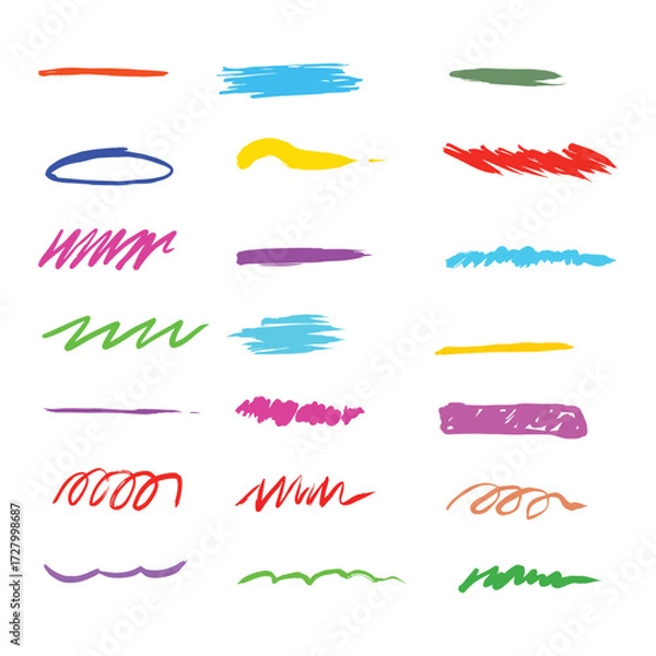 Fototapeta A collection of colorful, hand-drawn brush strokes and scribbles in various shapes and hues, isolated on a white background.