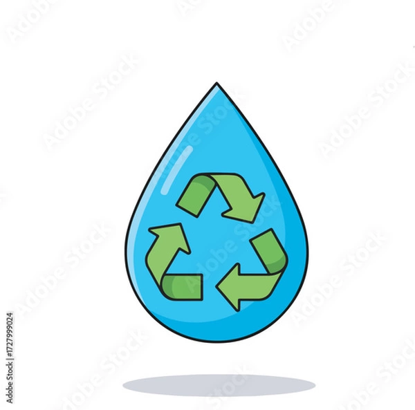 Fototapeta Sustainable water resource management concept. An isolated illustration of a water drop with a green recycling icon representing environmental conservation and purification