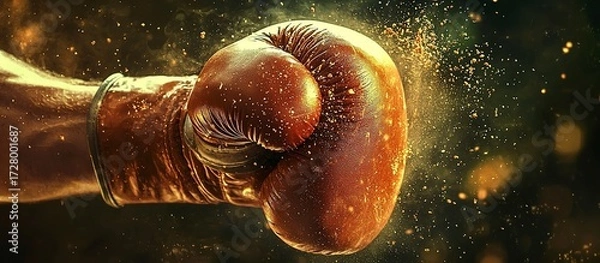 Fototapeta A boxing glove delivering a powerful punch with explosive particles