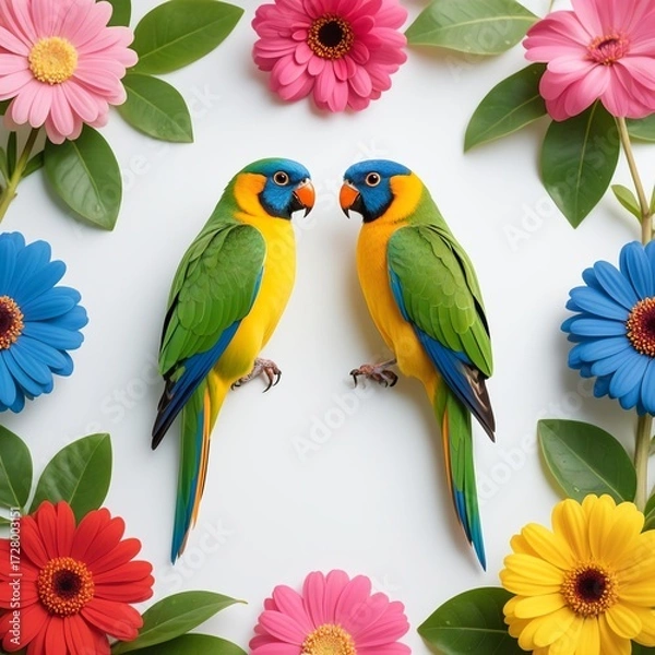 Obraz Photorealistic symmetric arrangement with two colorful parrots (yellow bodies, green wings, blue heads) at center, surrounded by bright flowers (African daisy, petunia) in pink
