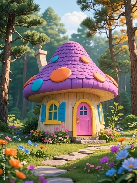 Fototapeta Photo-realistic mushroom house with matte shingled roofs in purple, pink-orange, blue, and pink, light beige wood exterior, blue windows with yellow trim, pink door with gold hardware