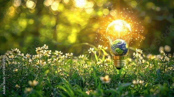 Fototapeta A glowing light bulb containing the planet in a sunny field