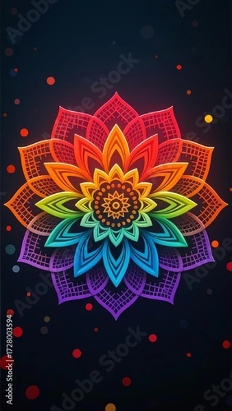Fototapeta Photo-realistic symmetrical mandala flower with multi-layered petals, vibrant gradient colors (red, orange, yellow, green, blue, purple), subtle glowing dots, softened mesh textures, dark background