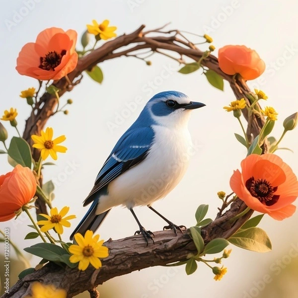 Obraz Realistic blue-gray bird with white underparts perched on twisted brown branch, surrounded by wreath of yellow marigolds and red clover, soft white background