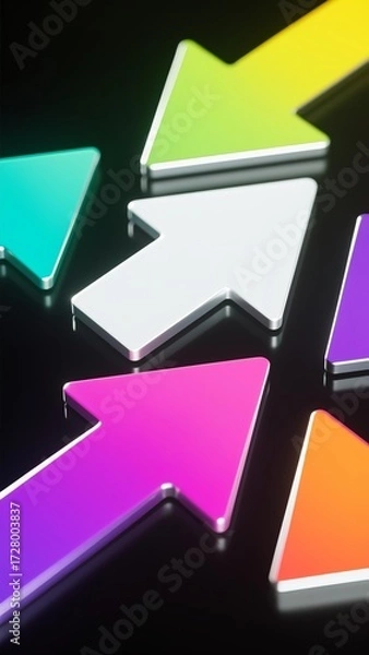 Fototapeta Photorealistic close-up of neon gradient geometric arrow shapes (yellow-green-cyan, purple-pink, white, orange) on black background with metallic texture