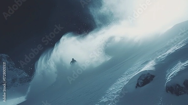 Fototapeta A lone skier carving through fresh powder on a snowy mountain slope
