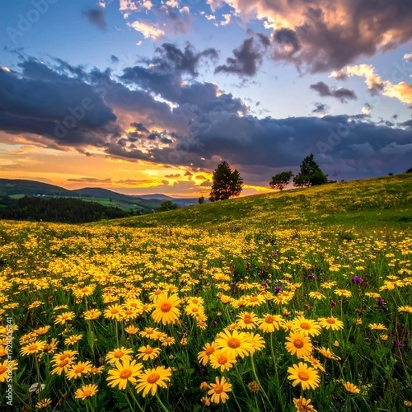 Obraz Panoramic sunset over a vibrant yellow flower field