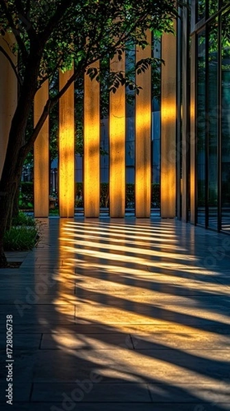 Fototapeta Golden Sunlight Creating Long Shadows Across an Architectural Pathway