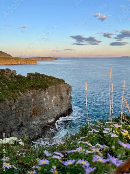 Fototapeta Scenic coastal landscape at sunset with rugged cliff edge dropping sharply to the ocean below, where gentle waves break against the rocks