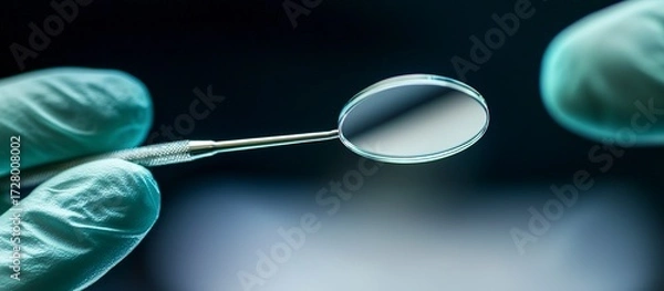 Fototapeta A gloved hand holding a dental mirror reflects its surroundings