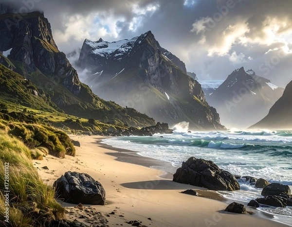 Fototapeta Majestic mountain beach scene at dawn