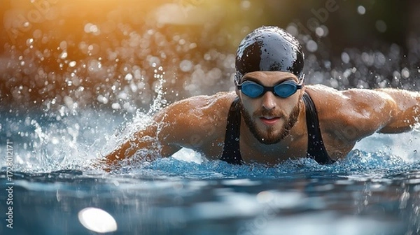 Fototapeta A male swimmer demonstrating the butterfly stroke in the pool