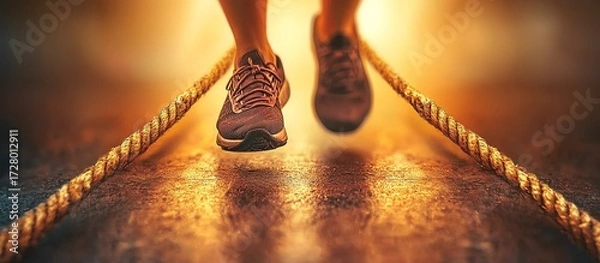 Fototapeta Athletic person running on a rope towards an uncertain future