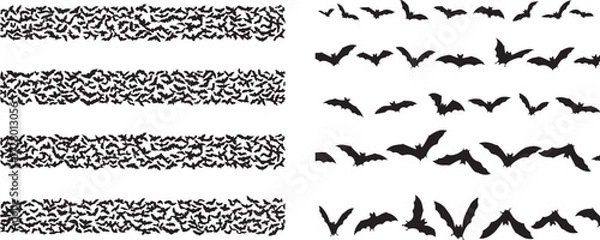 Fototapeta Set of Flying Bat Silhouettes, Swarm Borders and Individual Icons
