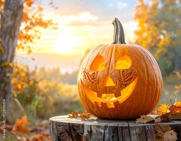 Obraz Jack-o'-lantern on stump at autumn sunrise