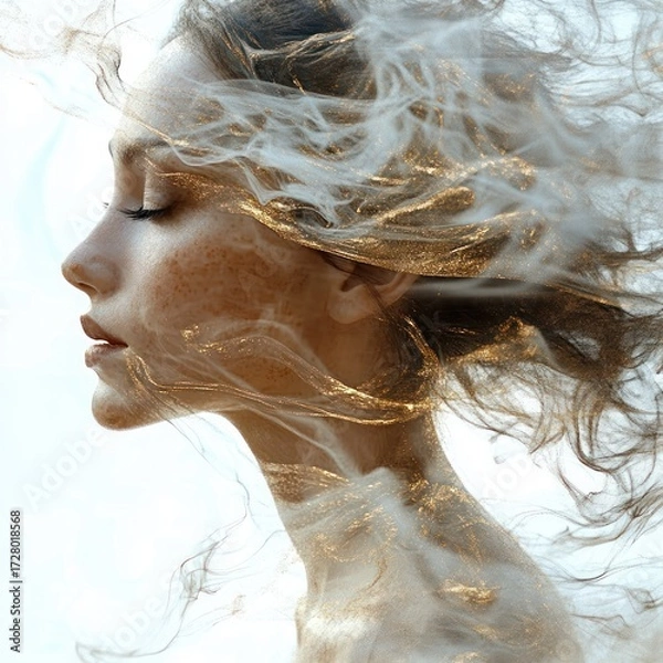 Obraz Profile of a serene woman with closed eyes surrounded by swirling golden and white ethereal smoke-like strands blending into her hair and skin